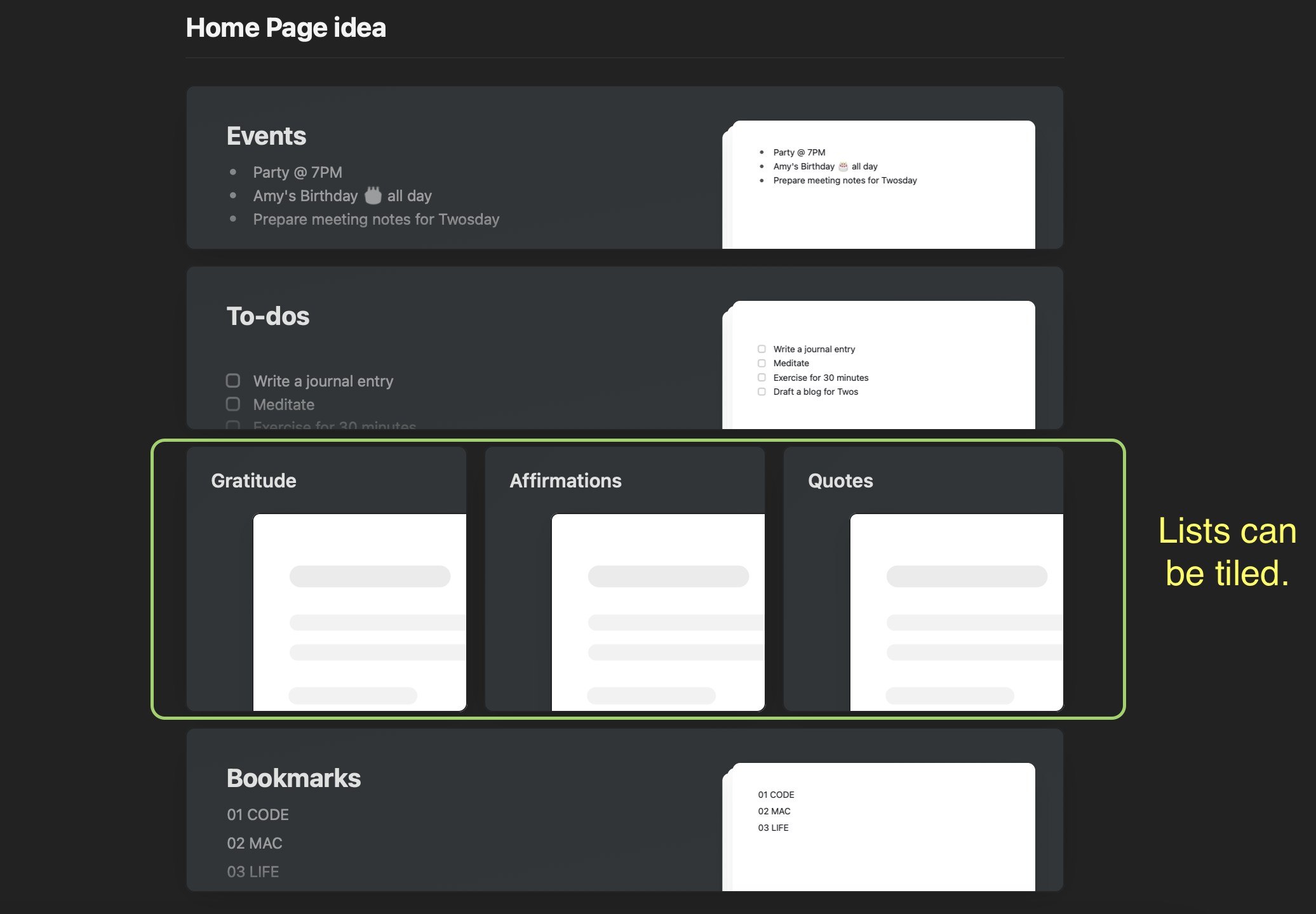 A mockup of tiles on Two’s Home page