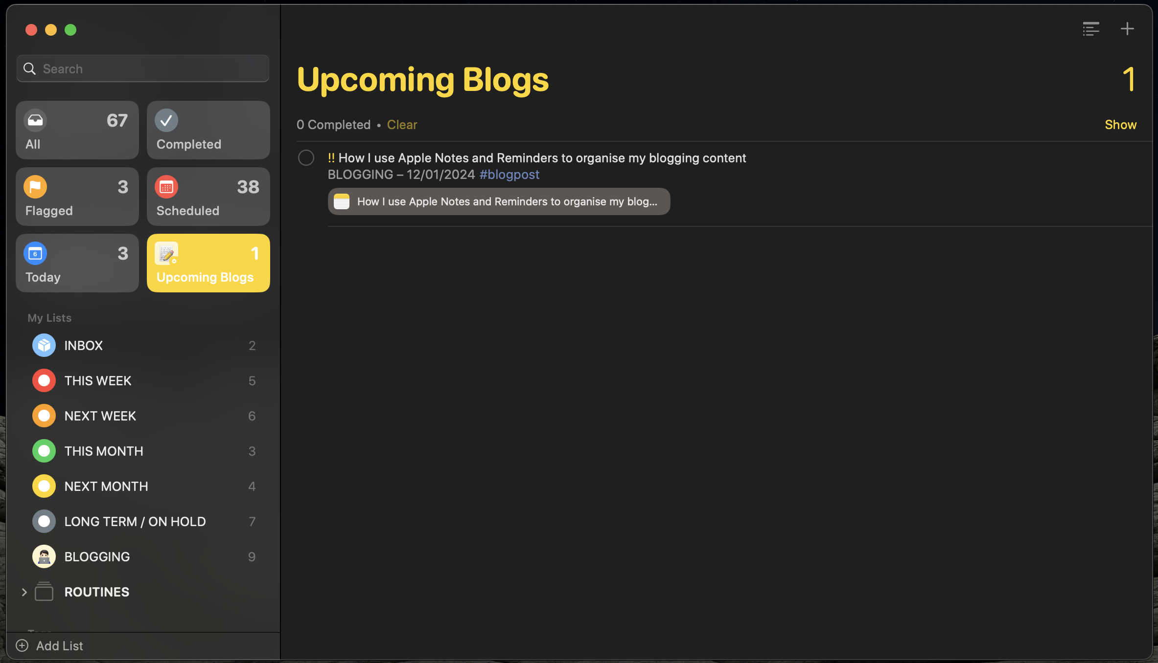 A smart list to show what blogging tasks I have in the next 7 days. 