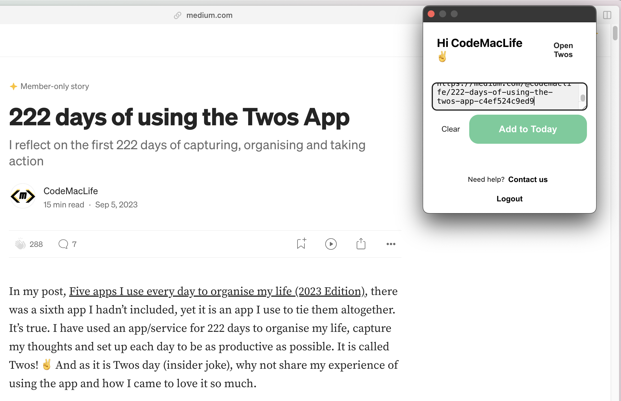 Capturing an article using Twos extension.